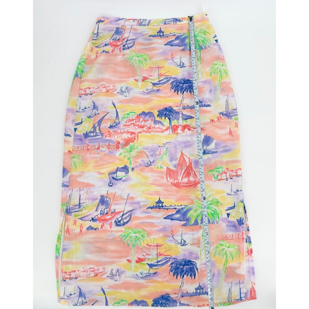 Vtg Bushwacker Brisas Island Watercolor Scenic Maxi Skirt Sz 12 Tropical Lined - Picture 6 of 13